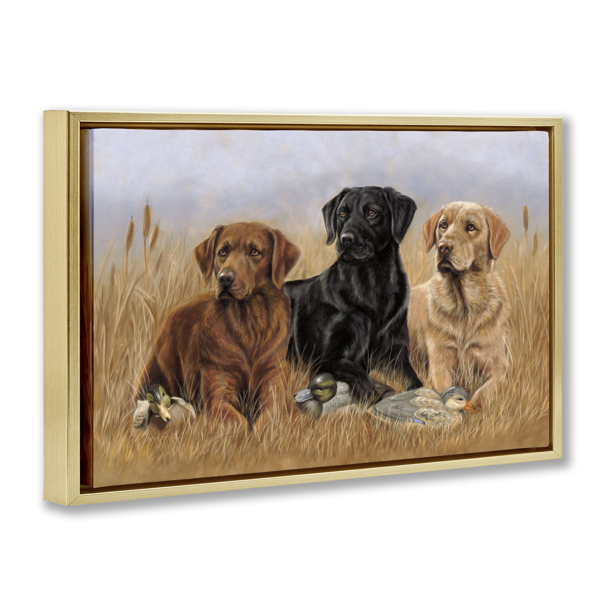 Stupell Industries Dog Trio & Ducks Animals & Insects Painting Gold Floater Framed Canvas Art Print Wall Art, 31 x 21