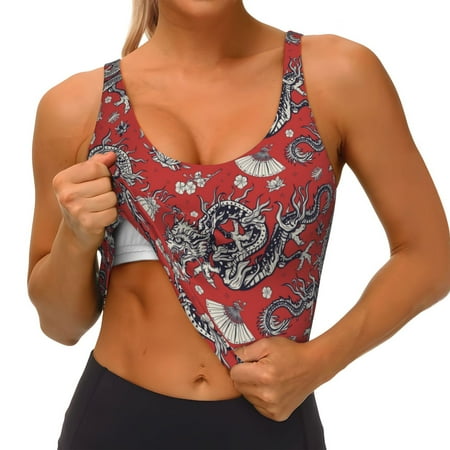 Qokaie Dragons2 Pattern Womens Scoop Neck Sports Bra Breathable Workout Vest Padded U Back Medium Impact Fitness Gym Yoga Bra Workout Crop Top