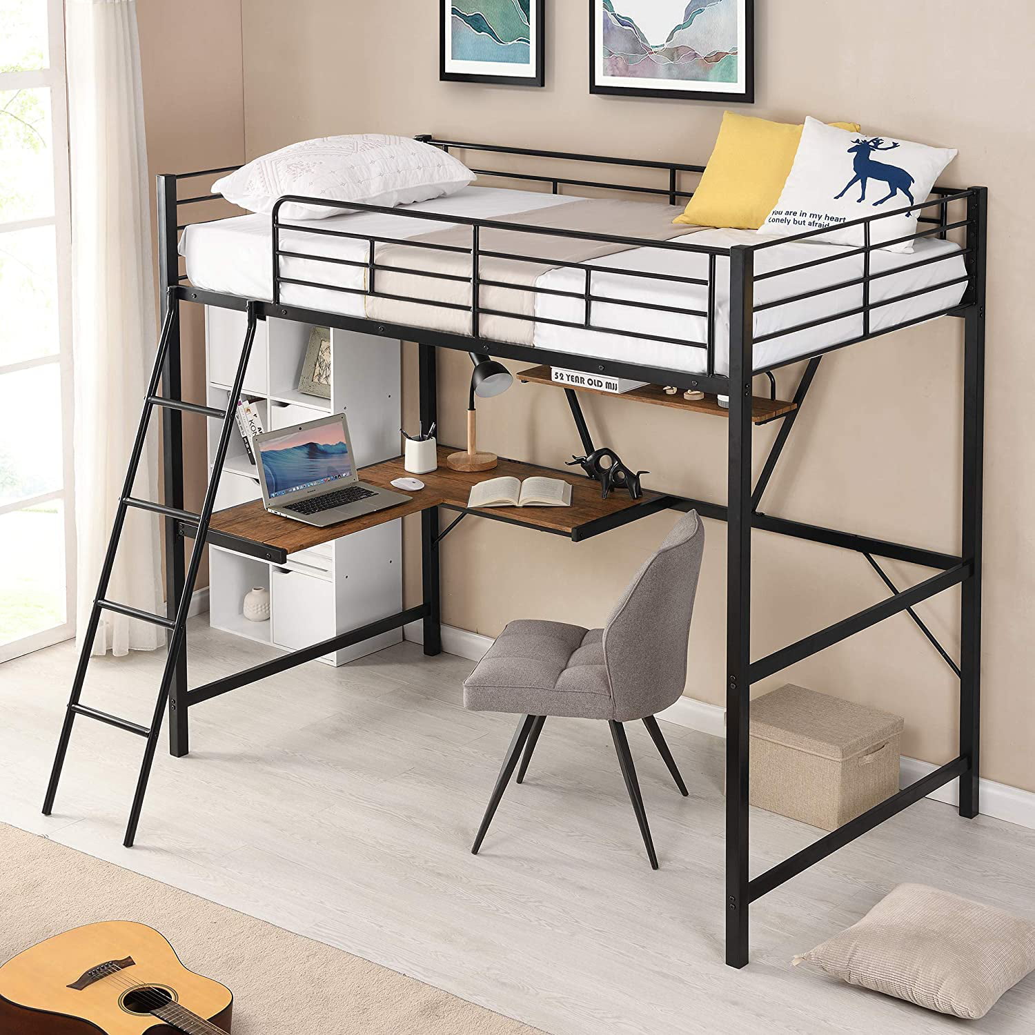 Piscis Twin Size Metal Loft Bed With L, Kid Bunk Bed With Desk Underneath