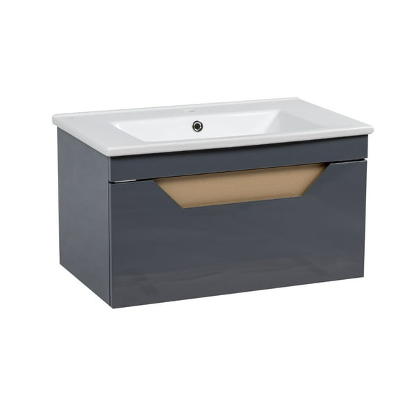 Modern Wall-Mounted Bathroom Vanity with Washbasin | Troy Graphite Gloss Collection | Non-Toxic Fire-Resistant MDF-26"-No Mirror