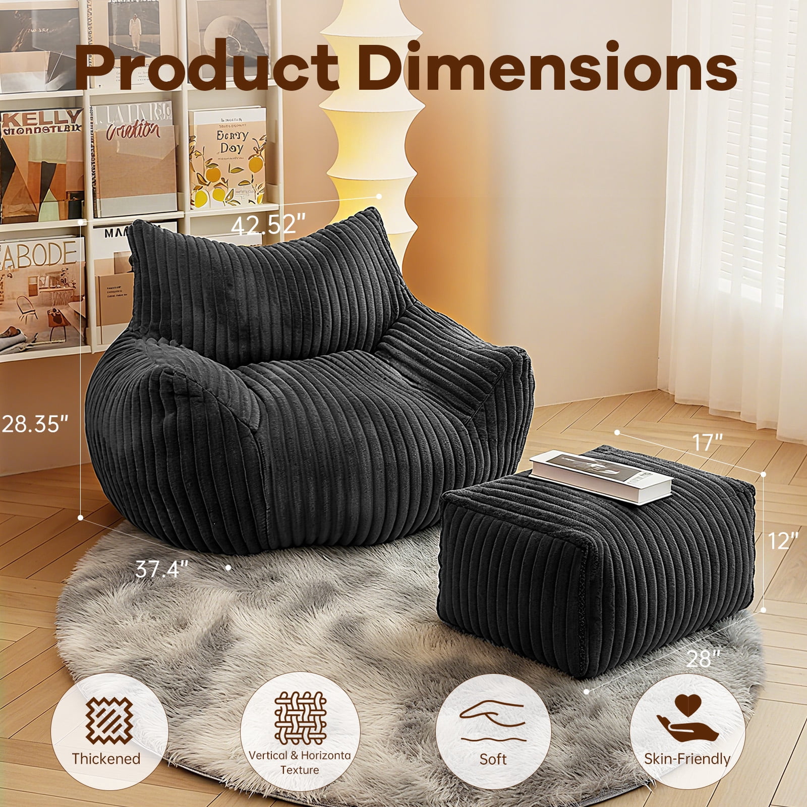 Bean Bag Chairs for Adults Teens with footrest, Cozy Fluffy Single Mini Couch,Large Bean Bag Sofa Chairs with Filling Comfy with Armrests for Reading,Living Room, Bedroom. (Black, with footrest)