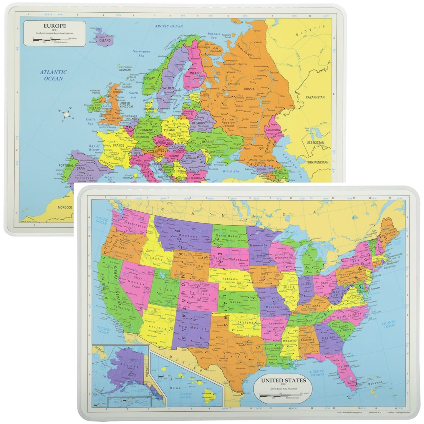 Painless Learning Educational Placemats Sets USA Africa Asia and Europe Maps Non Slip Washable
