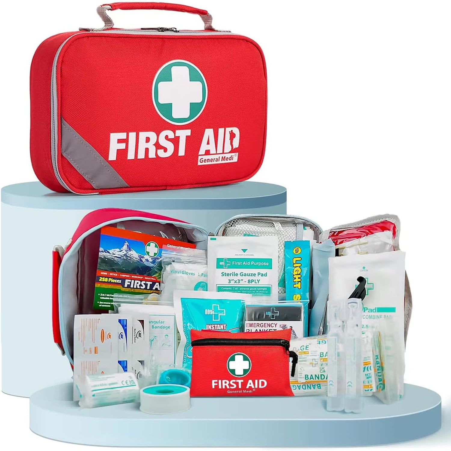 General Medi First Aid Kit 215-Piece 2-in-1 with Bonus 43-Piece Mini Kit Includes Eyewash Cold Pack Moleskin Pads Emergency Blanket - Ideal for Home Travel Car Office Camping