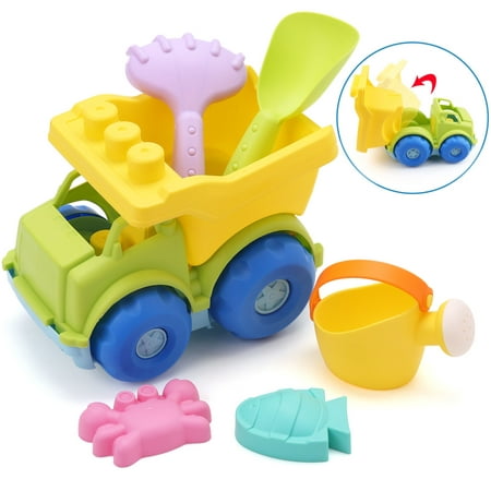 Beach Sand Toys Dump Truck Toy for Kids Toddler Baby - Soft Plastic Play Vehicle, Watering Can, Shovel, Rake, BPA Free, 9