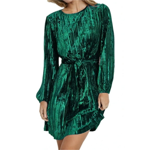 Women's Velvet Round Neck Tie Waist Long Sleeve Mini Dress 95% polyester 5% elastane Everyday chic and evenings