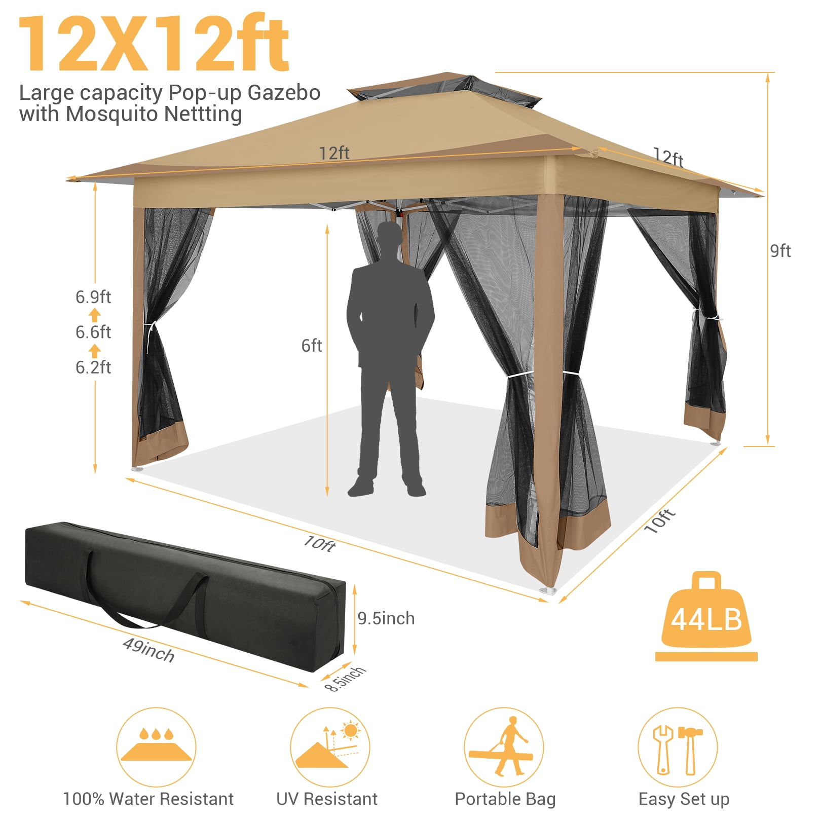 HOTEEL 12' x 12' Outdoor Pop-Up Gazebo Canopy with Mosquito Netting, 2-Tiered Vented Top, 3 Adjustable Heights for Backyard, Garden, Lawn, Brown