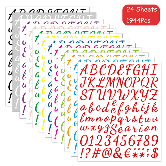 Mioerouu 1944pcs 24 Sheets Cursive Alphabet Letter Stickers, 12 Colors 2 Sheets Per Color 1 Inch Script Number Symbol Vinyl Stickers for Journal Scrapbook Tumbler DIY Crafts