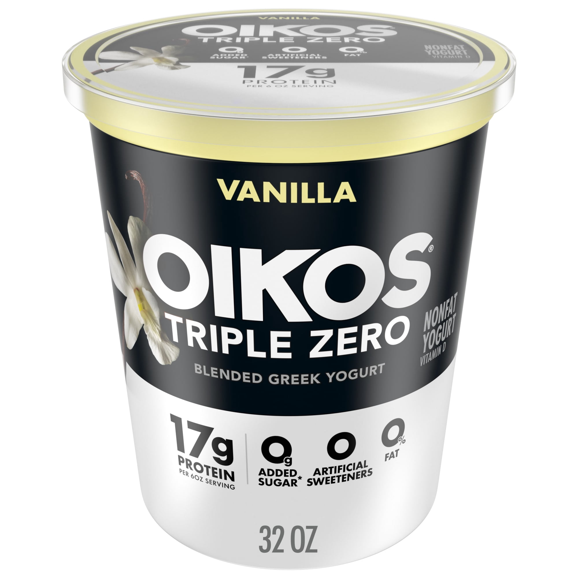 Oikos Triple Zero 17g Protein Vanilla Greek Yogurt, 100 Calories, 0g Added Sugar and 0 Artificial Sweeteners, Nonfat Yogurt, Great High Protein Snack, 32 oz Tub