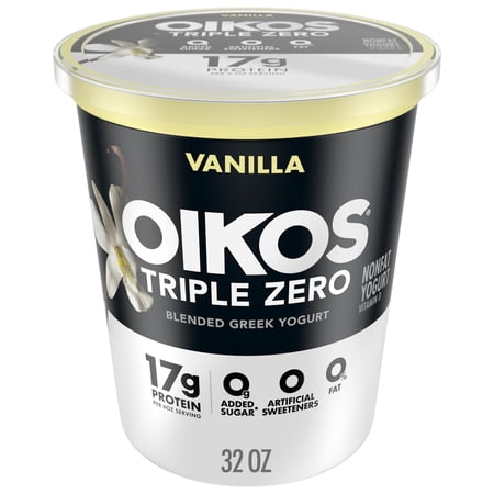 Oikos Triple Zero 17g Protein, 0g Added Sugar, Fat Free Vanilla Greek Yogurt Tub, 32 oz