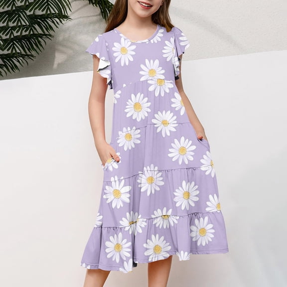 Pounoo New Kids Dresses Girls Girl Summer Flower Print Short Sleeve Ruffled Pockets Round-Neck Printed Dress For Kids Girls Dresses 7-8