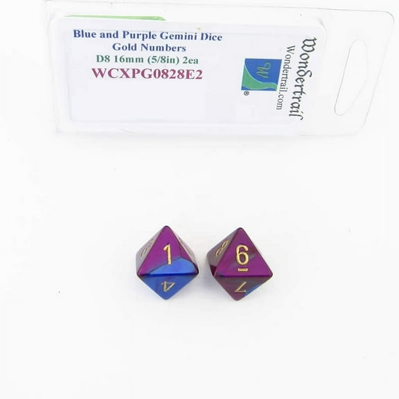 Blue and Purple Gemini Dice with Gold Numbers D8 Aprox 16mm (5/8in) Pack of 2 Wondertrail