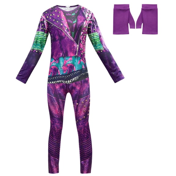 Girls 3D Printed Magic Villain Jumpsuit w/Gloves&Wig Rebel Fairy Costume Long Sleeve Bodysuit for Halloween Dress Up