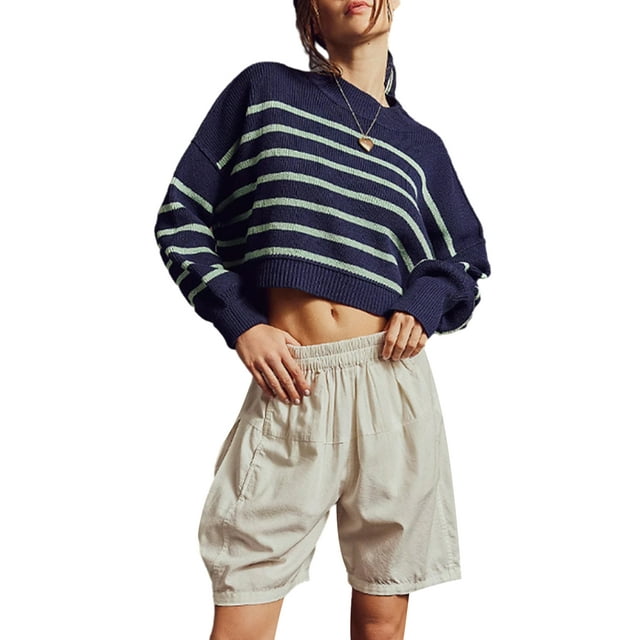 xiaxaixu Chandail en Tricot Uni/à Rayures pour Femmes Col Rond Manches Longues Pulls Amples Printemps Automne Décontractés Mode Urbaine