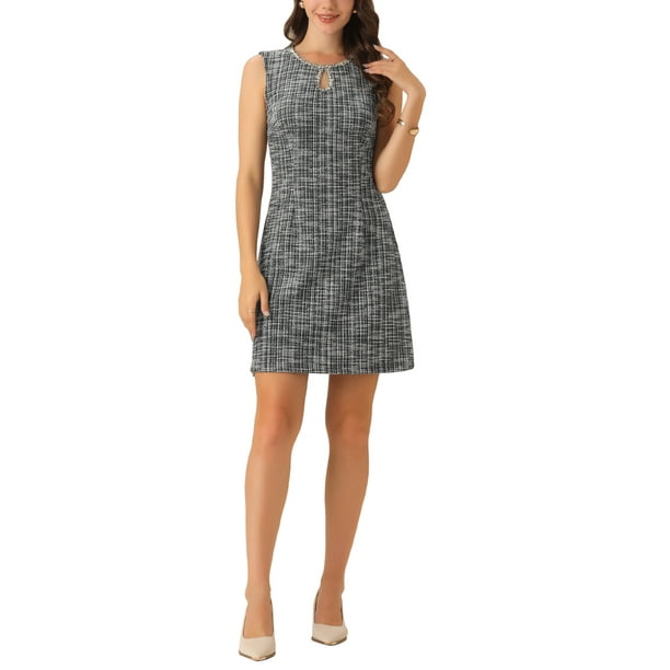 INSPIRE CHIC Vestido de Tweed para Mujer con Escote en Llave, Vestidos de Trabajo Sin Mangas, Negro L