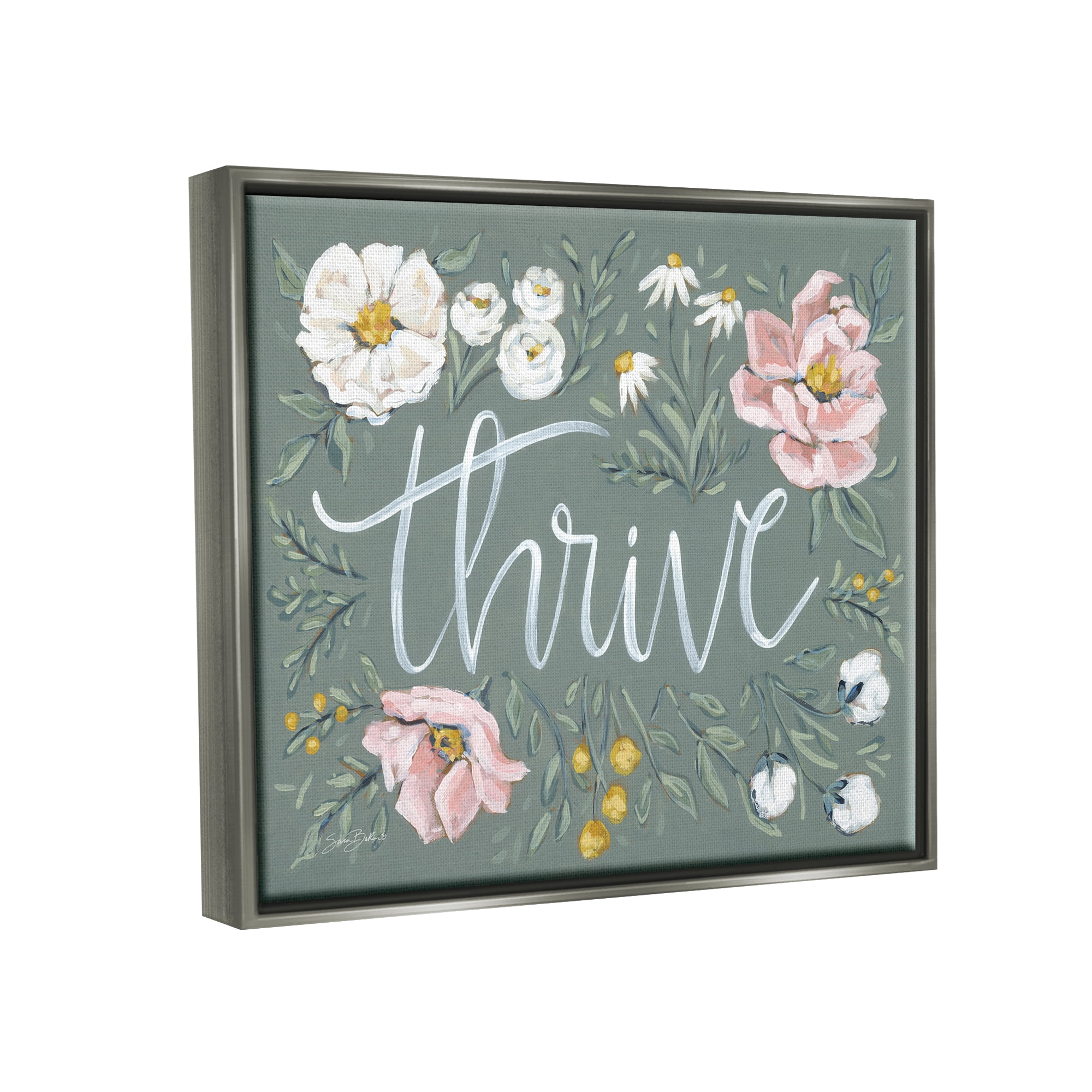 Stupell Industries Thrive Floral Border Botanical & Floral Painting Gray Floater Framed Art Print Wall Art, 21 x 17