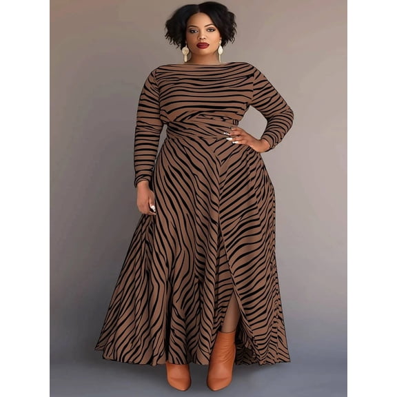Plus Size Abstract Animal Print Maxi Dress, Boat Neck Long Sleeve Flared Hem Side Slit Formal Evening Gown