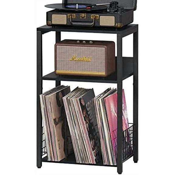 Black End Table, Small Side Table with Metal Frame,Modern Record Player Stand with Storage Shelf, Wood 3 Tier Sofa Bedside Tables, Narrow Nightstand for Living Room Bedroom Office