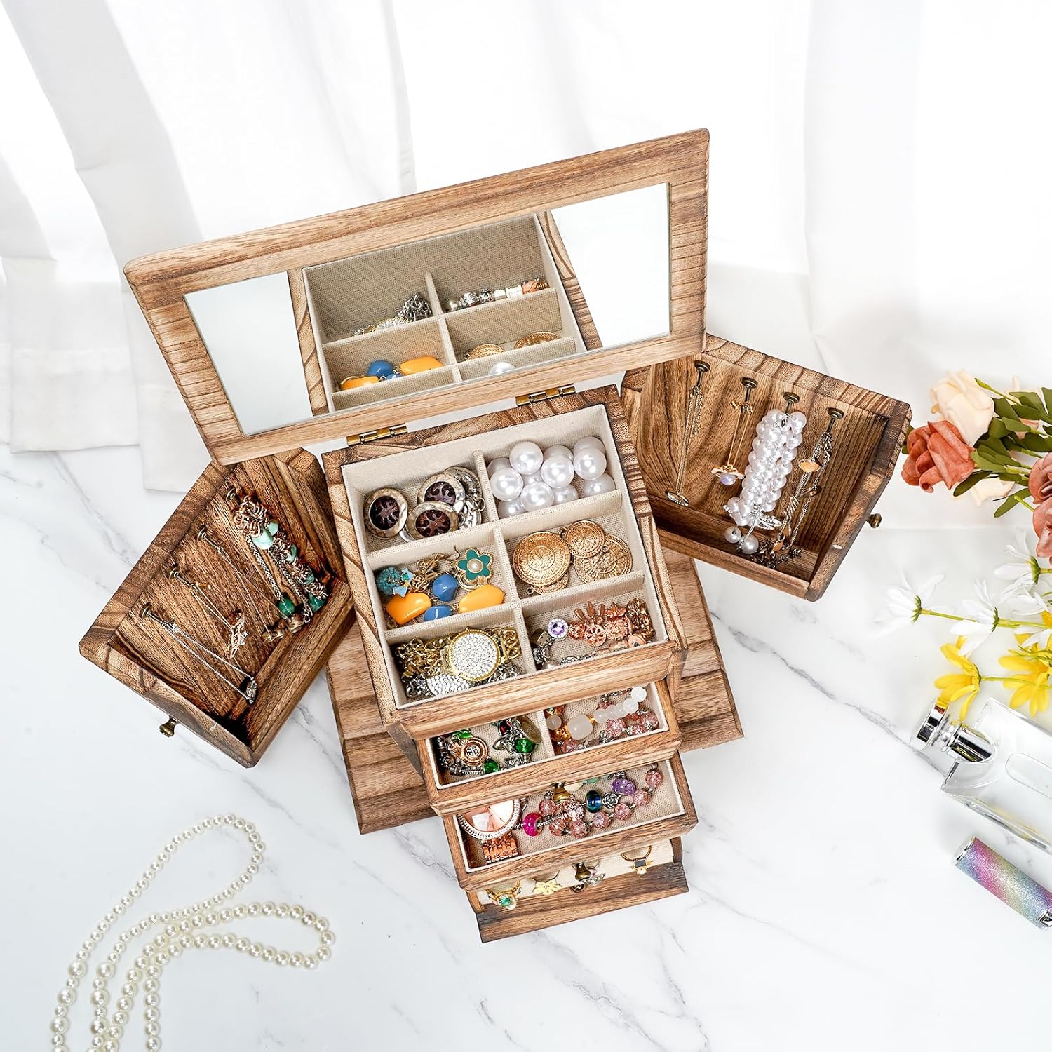 Sfugno 4-Tier Wooden Jewelry Box Organizer with Mirror photo 2