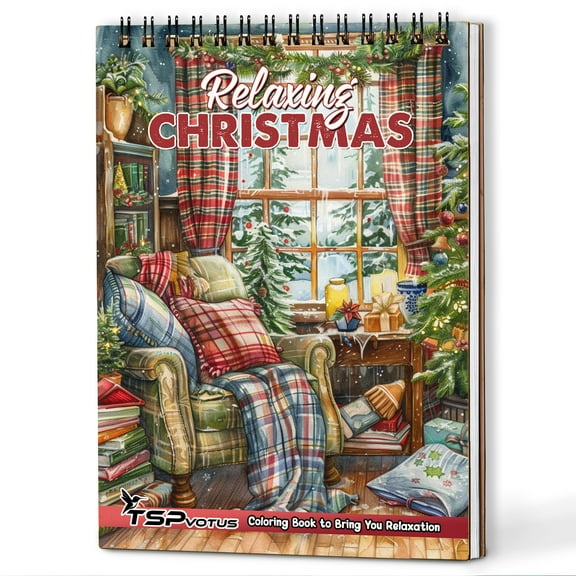 TSPVOTUS Relaxing Christmas Spiral Bound Adults Coloring Book, A5 Wooden Cover, 30 Calming Coloring Pages of Beautiful Cozy Christmas Scenes for Stress Relief and Relaxation