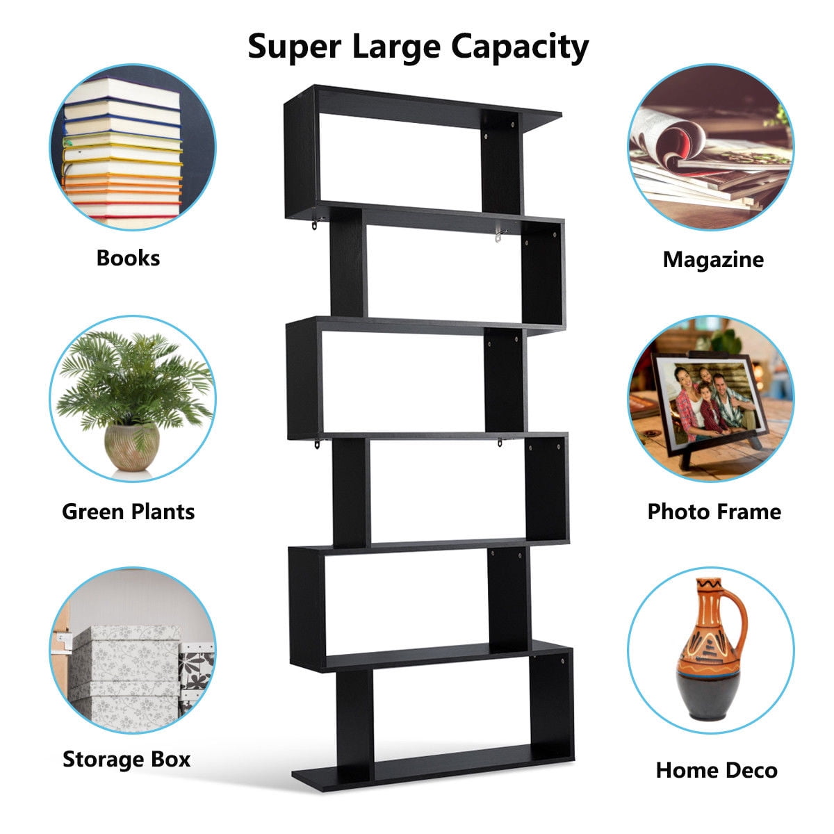 Gymax 6 Tier S-Shaped Bookcase Z-Shelf Style Storage Display Modern Bookshelf Black