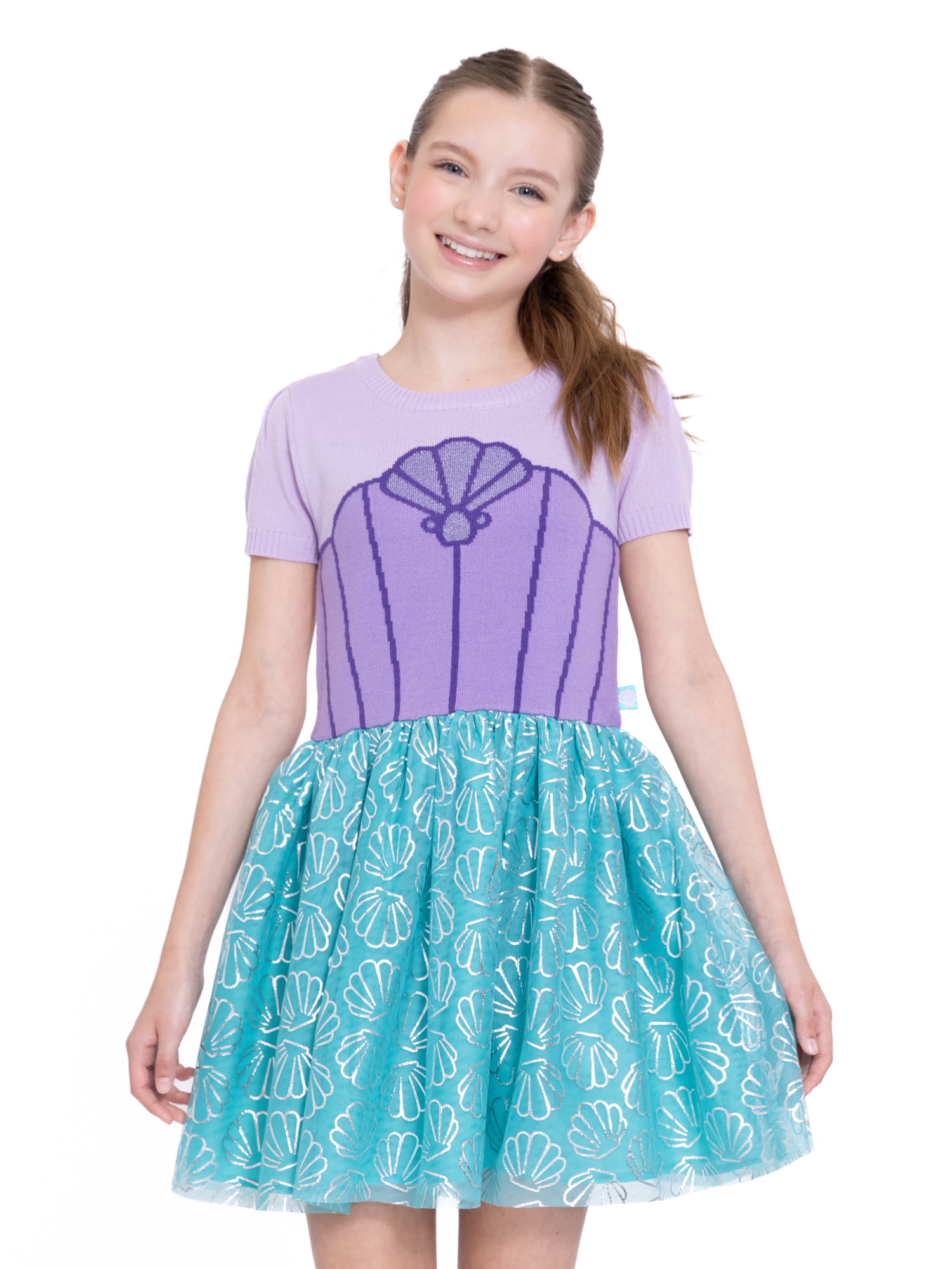 Girls Disney Princess The Little Mermaid Ariel Cosplay Short Sleeve Sweater Dress, Sizes 4-12