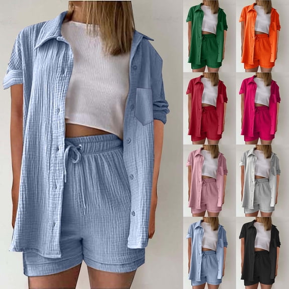 YHAJDS Womens Casual Outfit 2 Piece Set Short Sleeve Collar Top High Waist Drawstring Shorts Suit