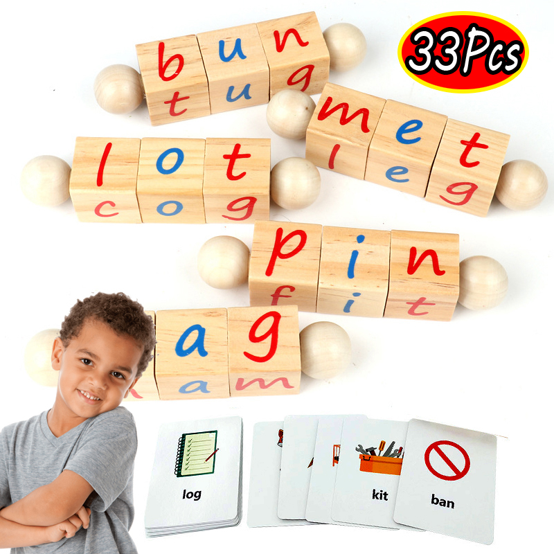 33 Pcs Montessori Alphabet Beginning Reader Letter Blocks, Phonics