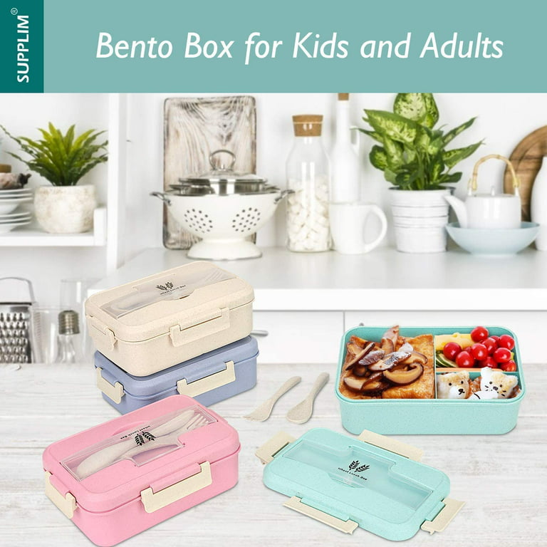 Bento Box for Kids Adults Lunch Box with 3 Compartment,Wheat Fiber Leak Proof Food Container with Spoon & Fork,1200ML Lunch Boxes Containers for Men