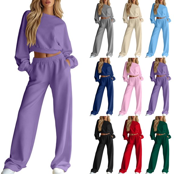 Women Cropped Sweatshirt Sets 2 Piece Outfits,Crew Neck Tops,High Waist Wide Leg Pants with Pockets,Solid Color Casual Tracksuit Loungewear Set