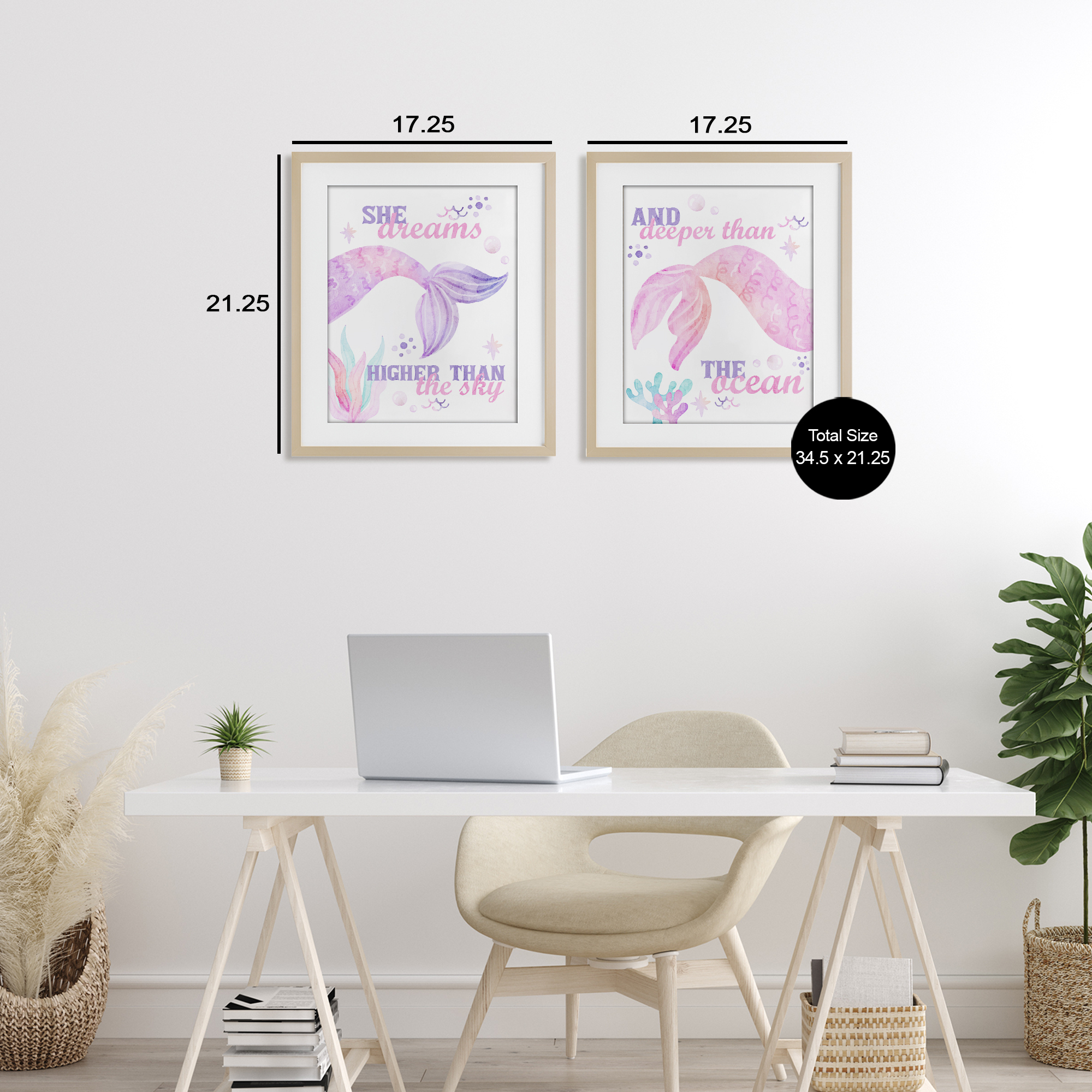 Mermaid Dreams Ocean & Sky 2 Piece Birch Framed Print Under Glass Set, design by Kim Allen