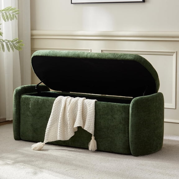 VKNOW Oval Storage Ottoman Bench, 46" Upholstered End of Bed Bench Ottomans Bench Foot Rest, Sherpa Storage Bench for Bedroom, Living Room and Hallway, Green