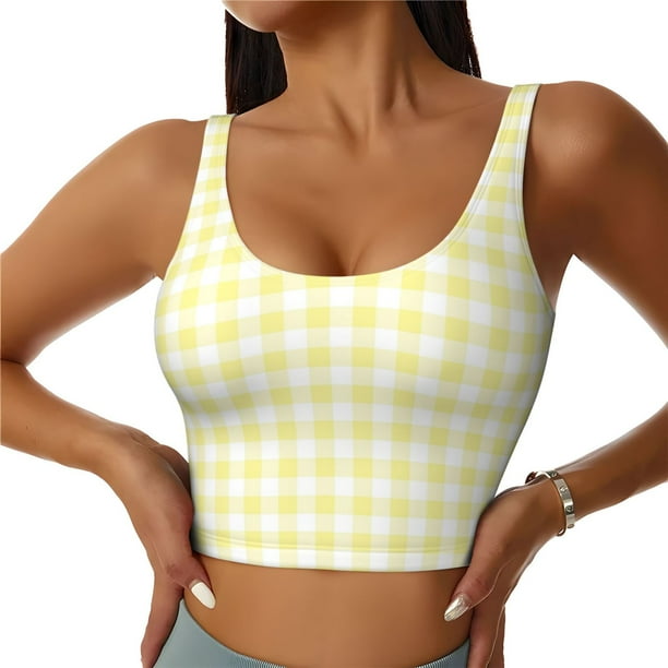 Fotbe Lemon Yellow Checkboard Sujetador Deportivo Largo sin Aros para Mujer con Almohadillas y Soporte Medio, Transpirable y Absorbente, Camiseta Tipo Chaleco o Tank Top-Medium