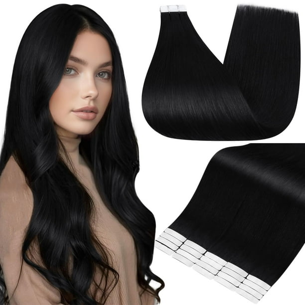 Extensiones de cabello con cinta Full Shine, cabello humano, 20 unidades, color natural, 1 negro azabache, 22 pulgadas, cinta de cabello humano Remy invisible de doble cara, 50g, pelo suave liso sin c