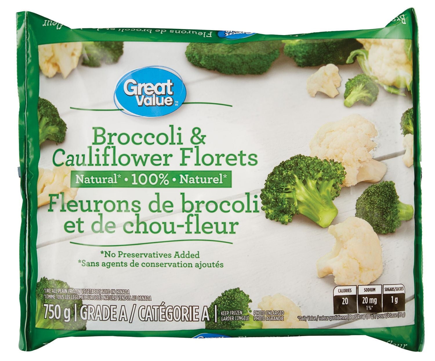 Great Value Frozen Broccoli and Cauliflower Florets, 750 g
