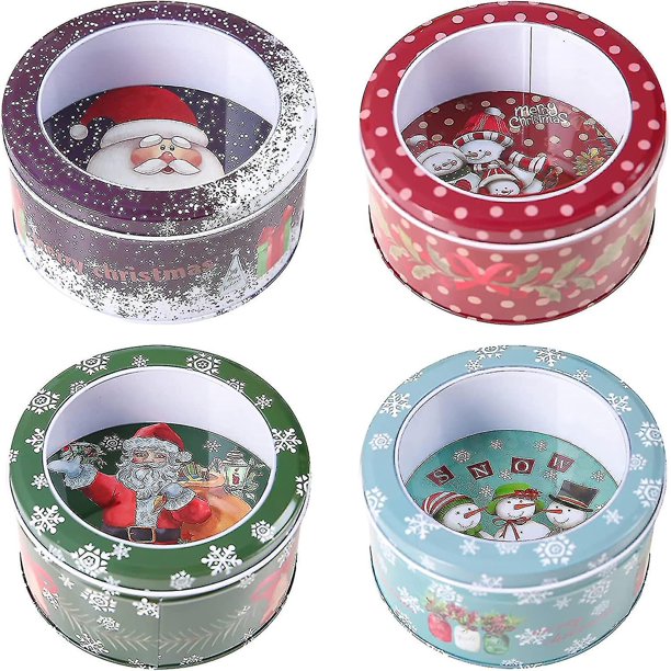 Hojalata navideña Lata vacía Caja de hojalata navideña con ventana Caja redonda para dulces 7x14 cm Latas de regalo para galletas navideñas Muñeco de nieve Papá Noel Pequeña lata d