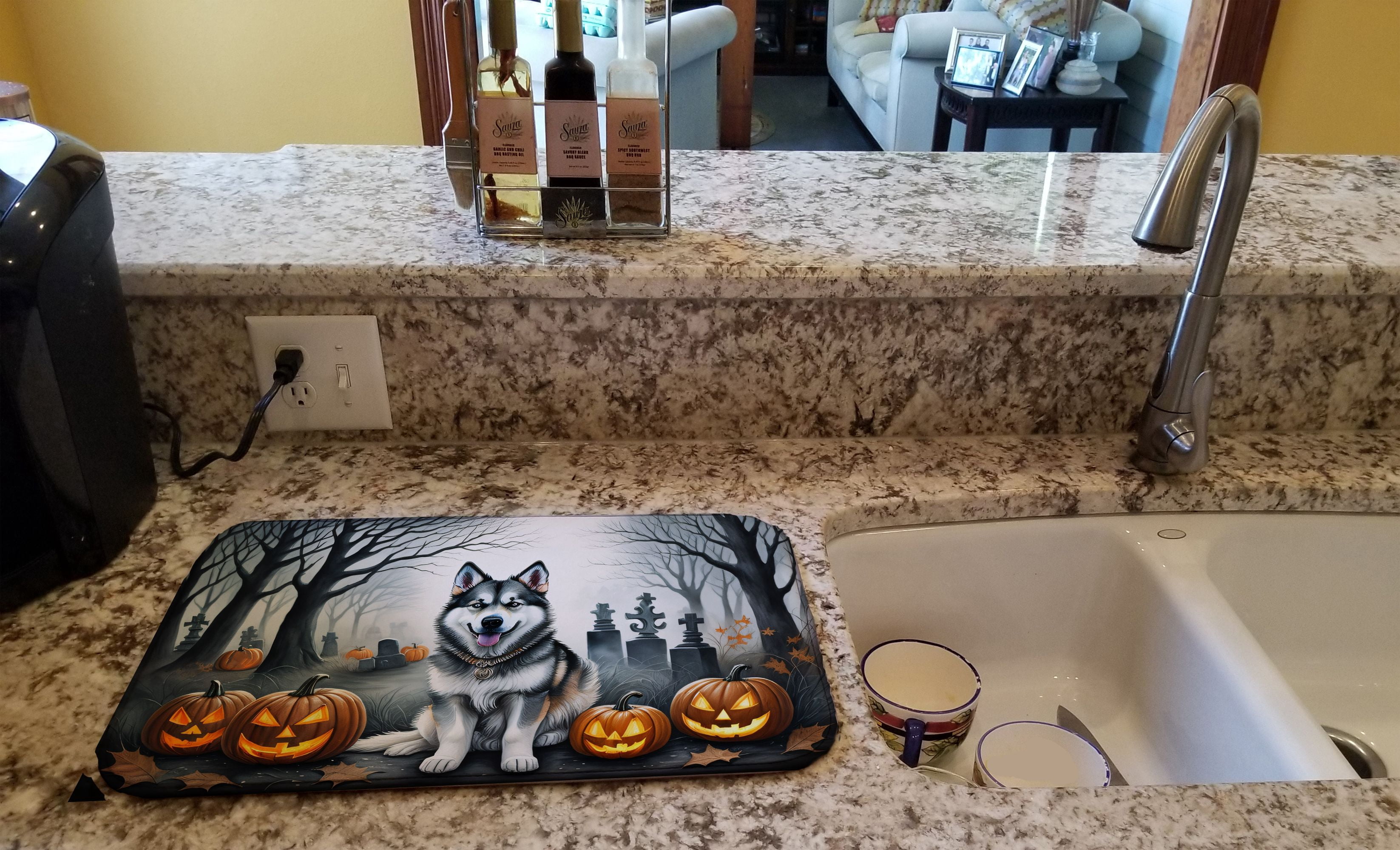 Alaskan Malamute Halloween Dish Drying Mat 14x22 Inch with Breed Artwork