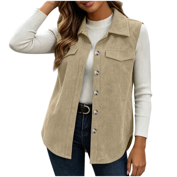 Fnooota Womens Corduroy Vests, Spring Fall Front Buttons Lapel Collar Sleeveless Outerwear with Pockets Khaki Size S-2XL