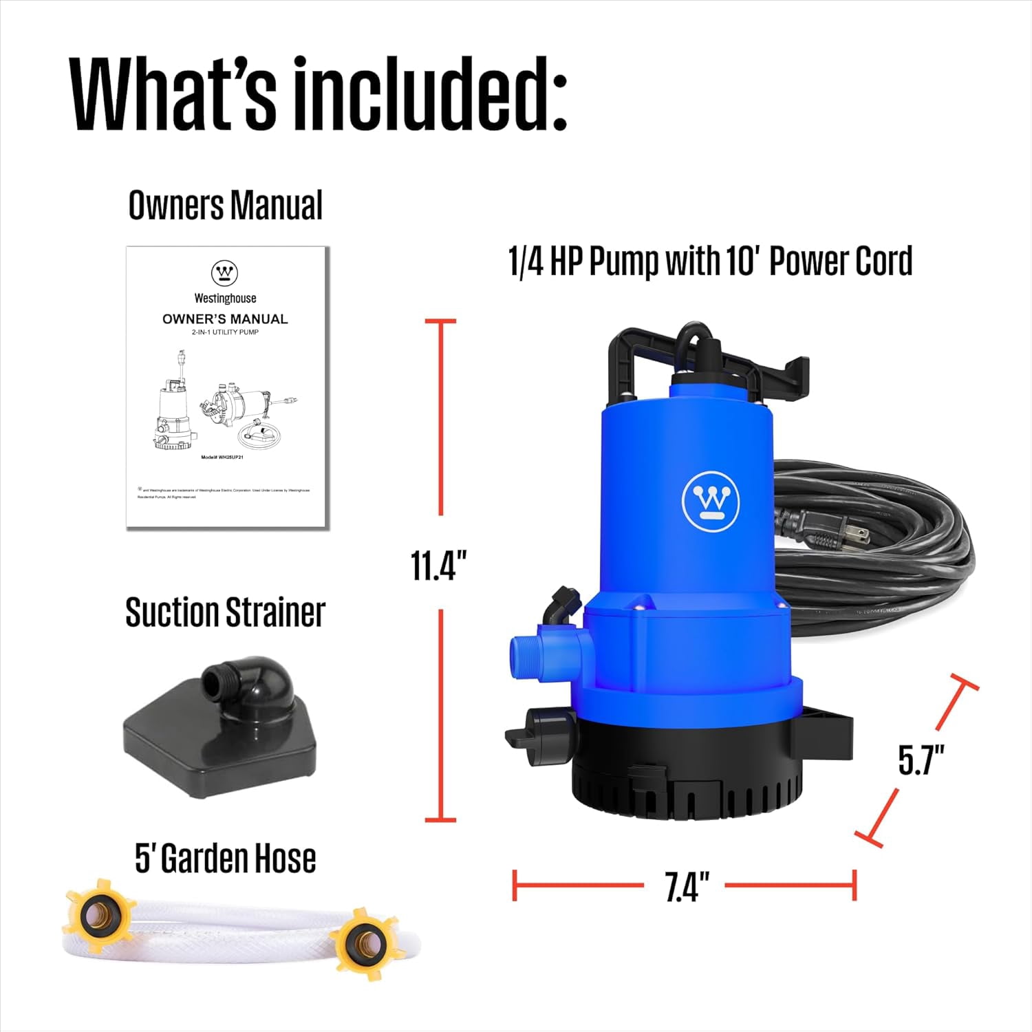 Westinghouse 2-in-1 1/4 HP Utility Pump, 1600 GPH Submersible Water Pump / 950 GPH Non-Submersible Water Transfer Pump, Water Pump for Pool Draining, Flooded Basement, Aquarium, Fish Tank, & More