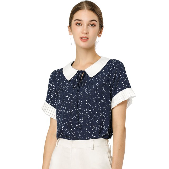 Blusa de lunares de manga corta con cuello Peter Pan en contraste vintage para mujer Azul marino XL