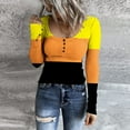 thumbnail image 2 of Women's Striped Henley Tops Long Sleeve Button Down Slim Fit T Shirts Scoop Neck Ribbed Knit Basic Casual Shirts Outfits (S, Yellow), 2 of 6