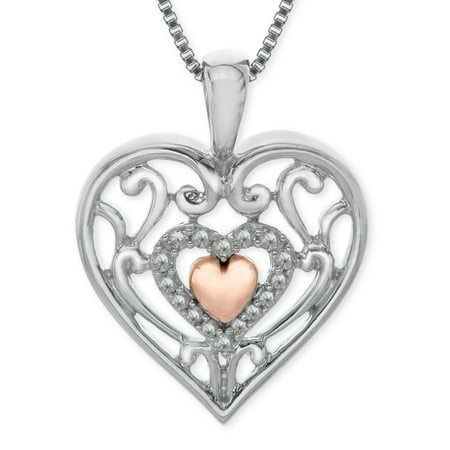 Duet 1/10 ct Diamond Heart Pendant Necklace in Sterling Silver & 14kt Rose Gold