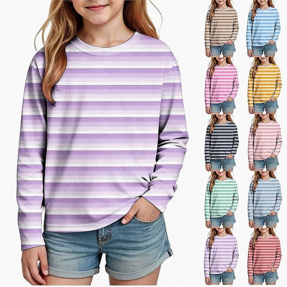 WAVSUF Kids Girls Tee, Long Sleeve Stripe Print Round Neck Fall Winter Daily T-Shirt Purple 7-8
