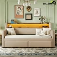 thumbnail image 3 of Bellemave Twin Size Daybed with Storage Drawers PU Leather Upholstered Daybed Frame with Charging Station and LED Lights Twin Sofa Bed with Shelf, Nailhead Trim and Wood Slats, Beige, 3 of 13