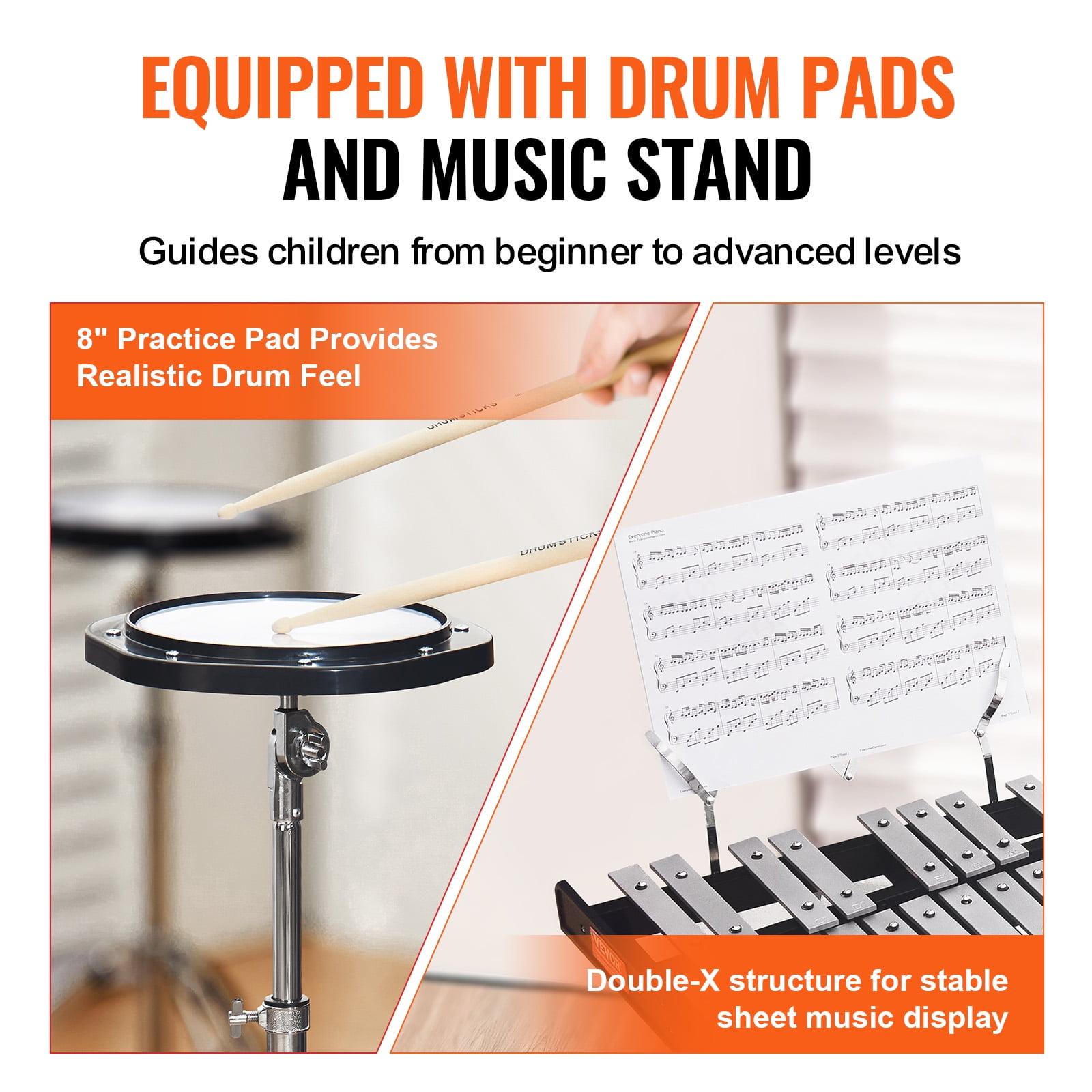 SKYSHALO 30-Key Glockenspiel Xylophone Set, Complete Percussion Kit with Mallets, Sticks, Sheet Music Holder, 8'' Training Pad, Height-Adjustable Stand & Portable Bag for Learners & Enthusiasts