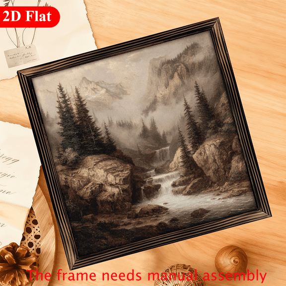 2D Flat 12x12 Inch Framed Wall Art - Majestic Mountain Landscape with Lush Forest and Serene River, Wooden Frame, Perfect for Home Decor and Summer Themes, Nature-Inspired DecorRustic Wall, Mounta