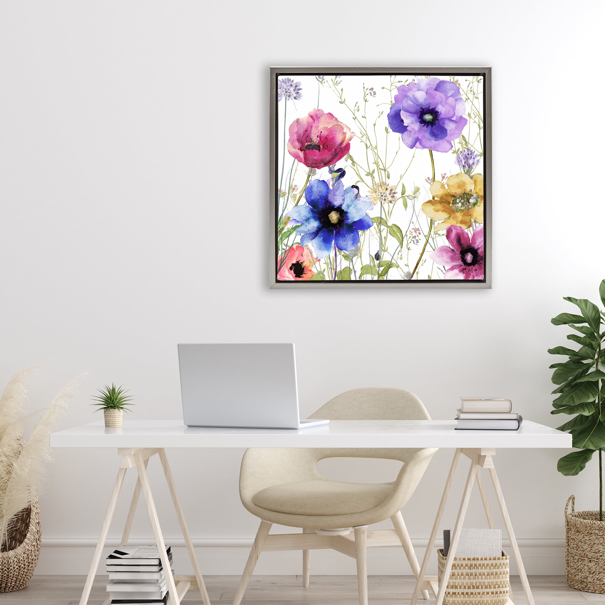 Modern Spring Garden Flowers Gray Framed Floater Canvas Wall Art, design by Sasha