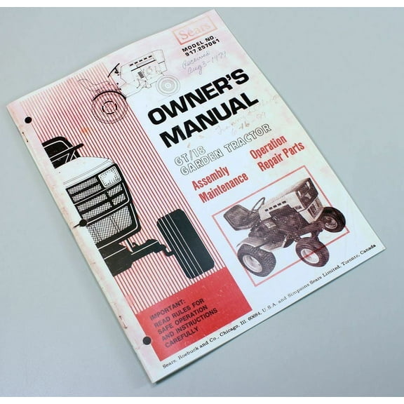 Sears Owners Manual Gt18 Twin Lawn Garden Tractor Operation Parts Gt 18 Drive