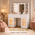 thumbnail image 4 of Zimtown Makeup Vanity with 3 Colors Light Mirror, Glass Top Vanity Desk with Two Glass-Door Storage Cabinets & Charging Station, White, 4 of 9