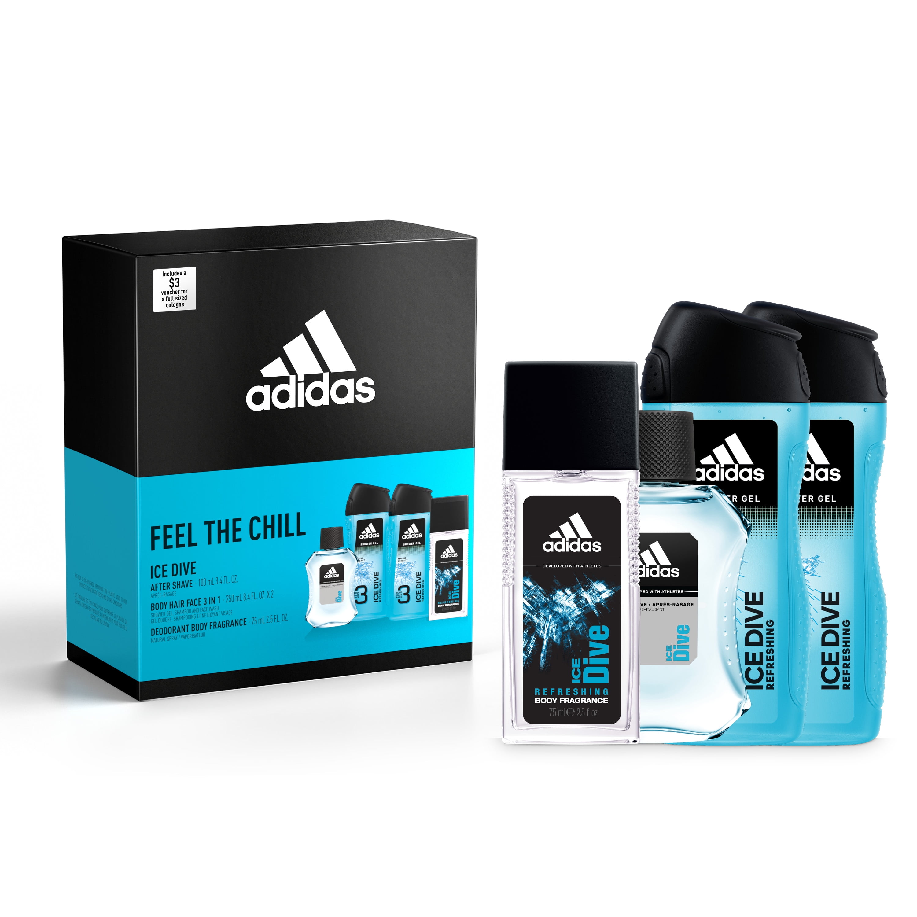 Adidas Ice Dive Toiletry Set: Body Wash 8.4 oz + Body Wash 8.4 oz + Aftershave 3.4 oz + DNS 2.5 oz