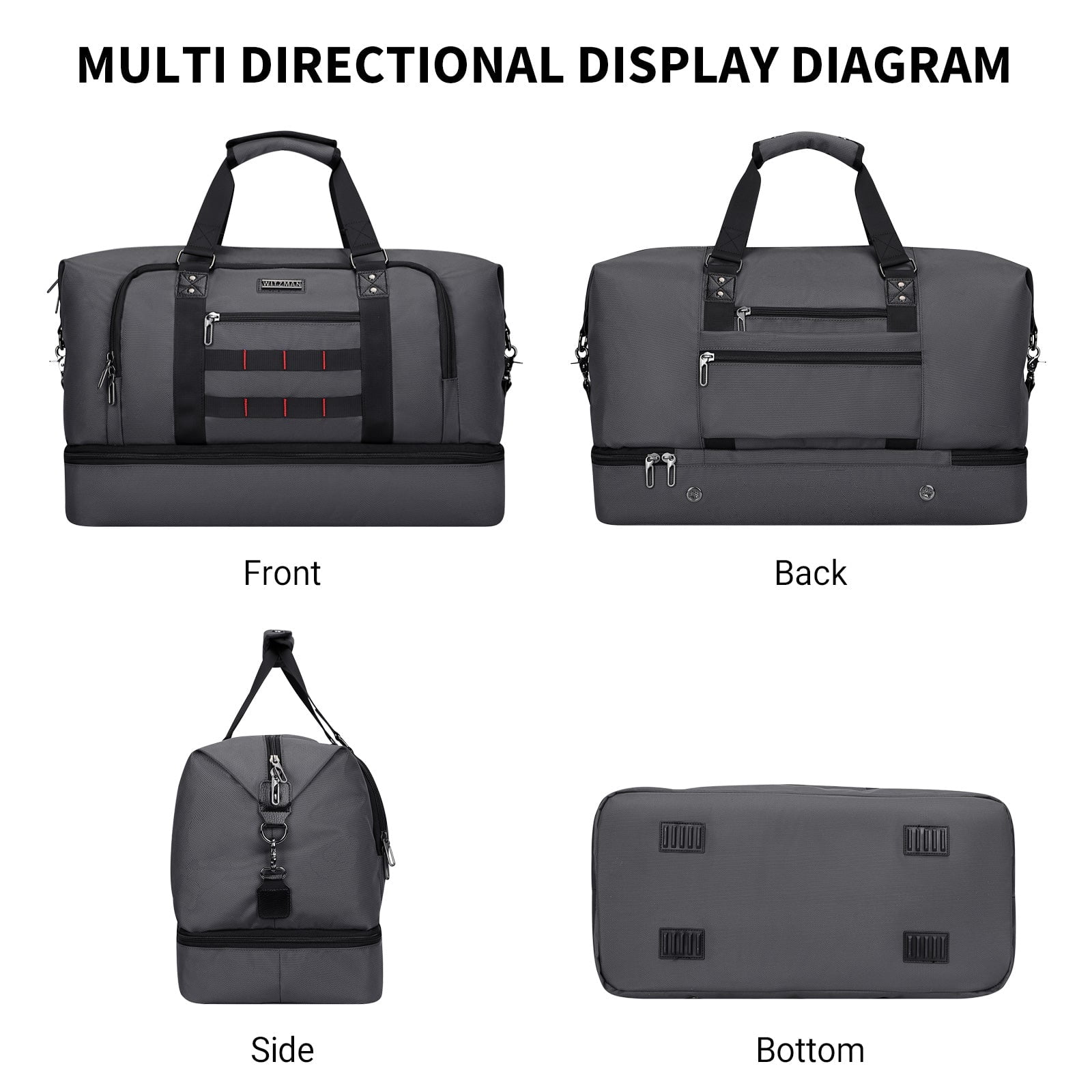 WITZMAN Travel Duffle Bags for Men Weekender Bags with Toiletry Bag Sets Carry on Overnight Bag 55L（B696 Silvery Grey）